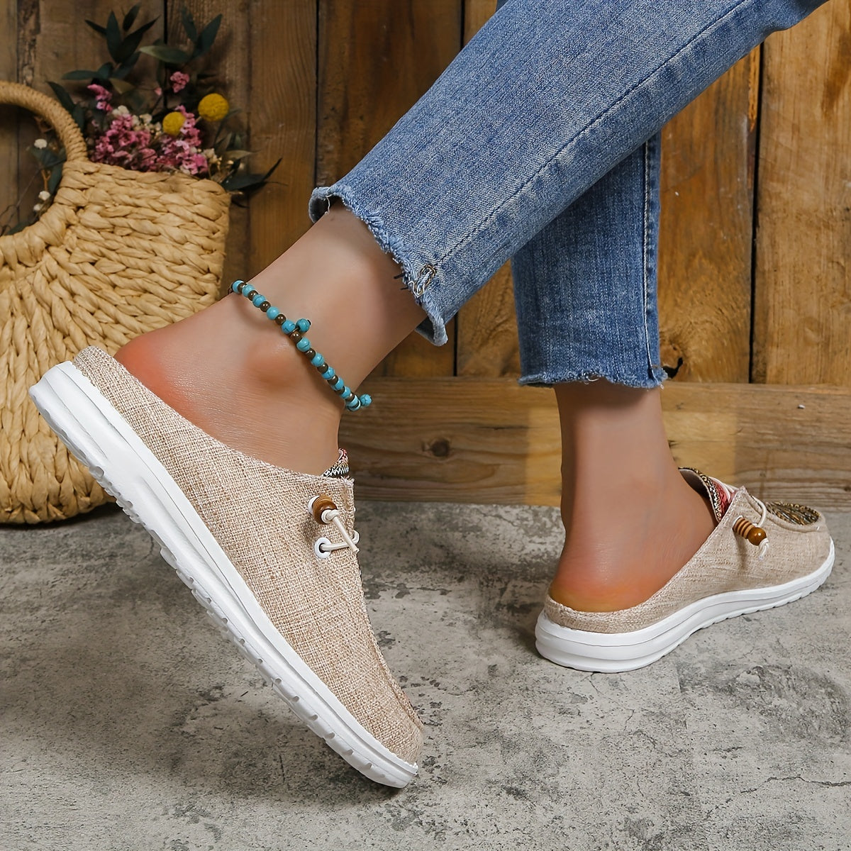 Women's Ethnic Style Canvas Shoes, Lightweight Lace Up Mule Sneakers, Lightweight & Comfortable Shoes