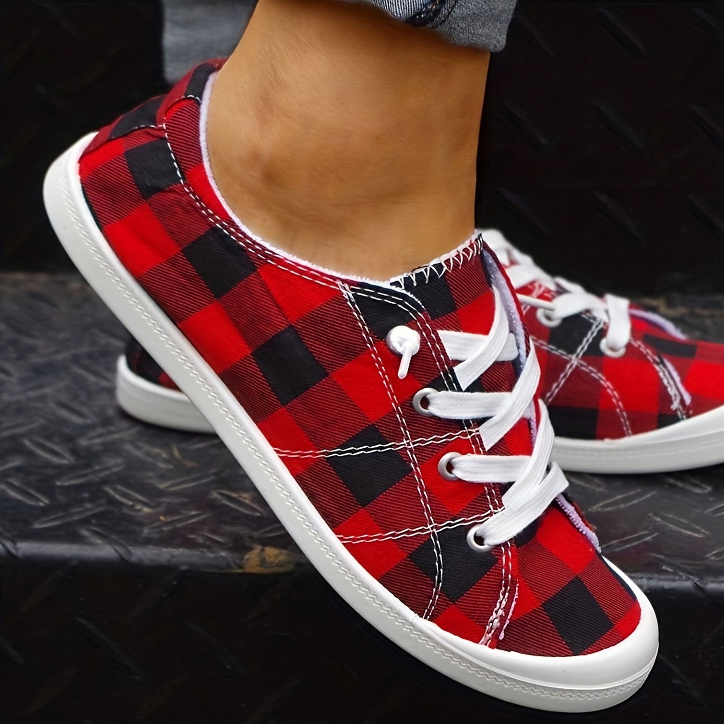 Women's Plaid Pattern Canvas Shoes, Casual Lace Up Outdoor Shoes, Lightweight Low Top Sneakers