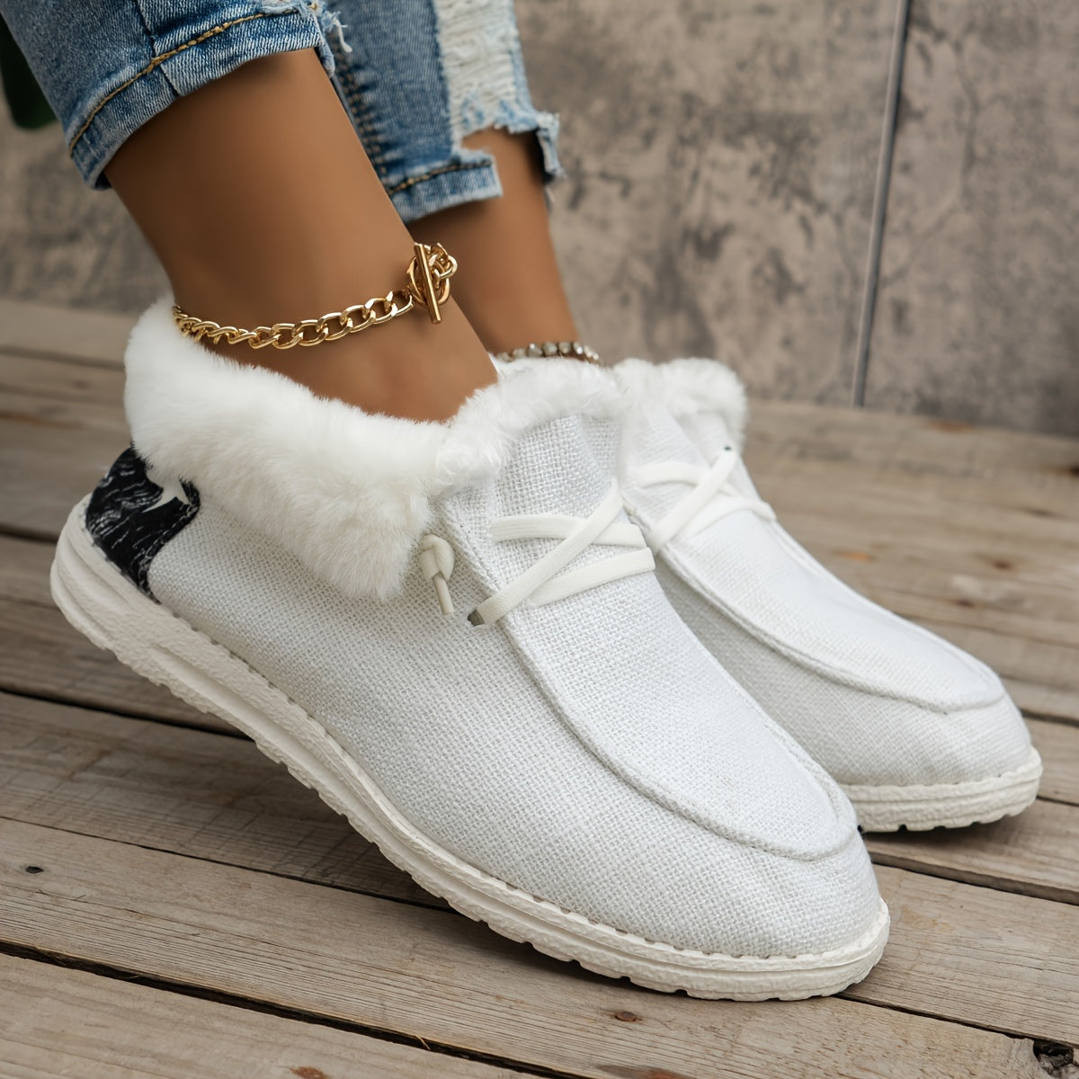 Women's Fluffy Fleece Lined Canvas Shoes, Thermal Slip On Low Top Shoes, Winter Warm Flat Shoes