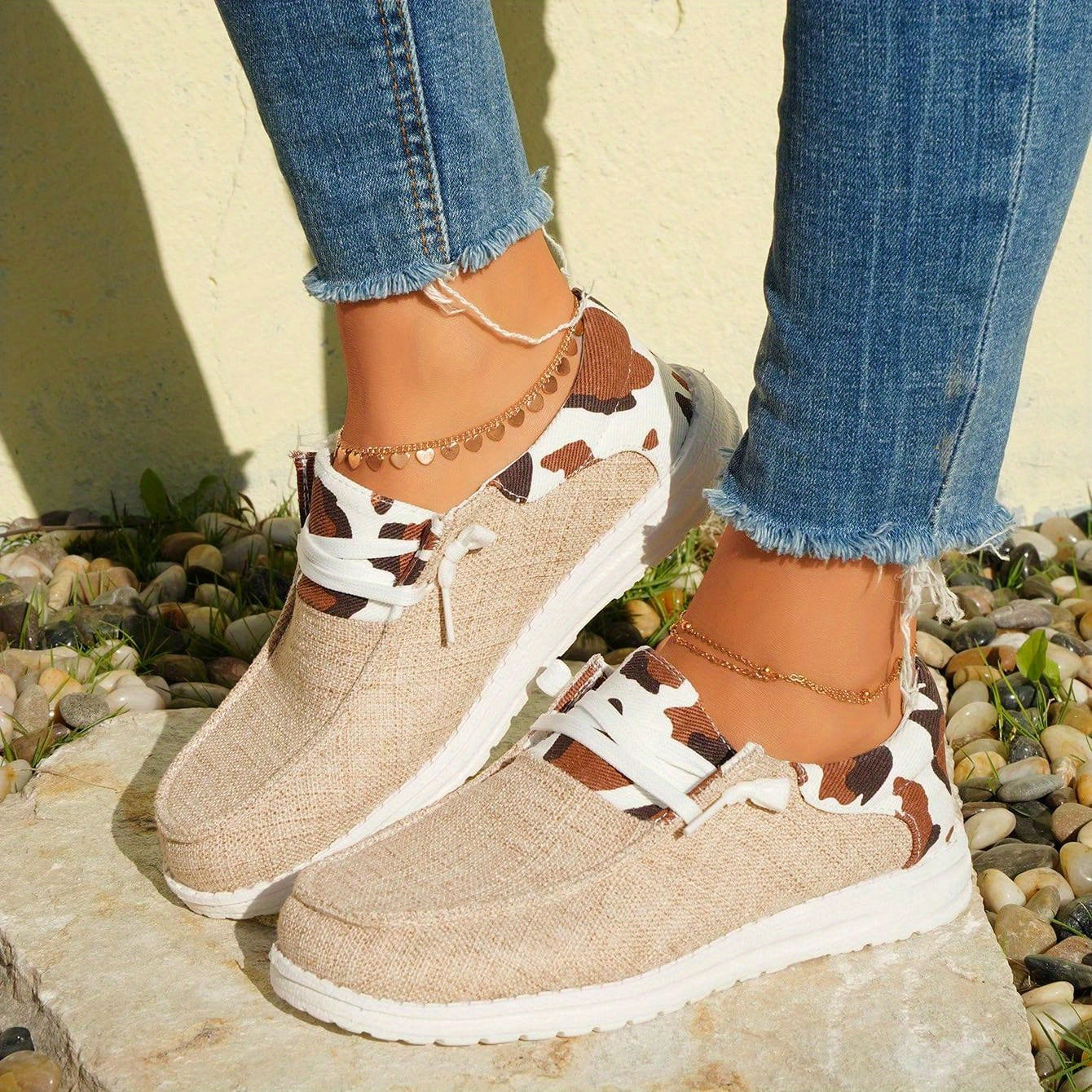 Women's Cow Pattern Canvas Shoes, Trendy Lace Up Outdoor Sneakers, Women's Casual Low Top Shoes