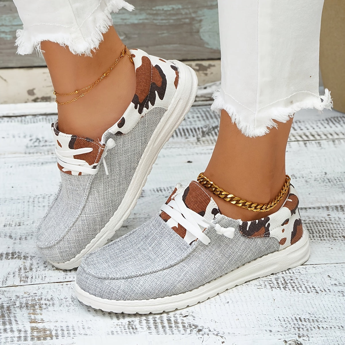 Women's Cow Pattern Canvas Shoes, Trendy Lace Up Outdoor Sneakers, Women's Casual Low Top Shoes